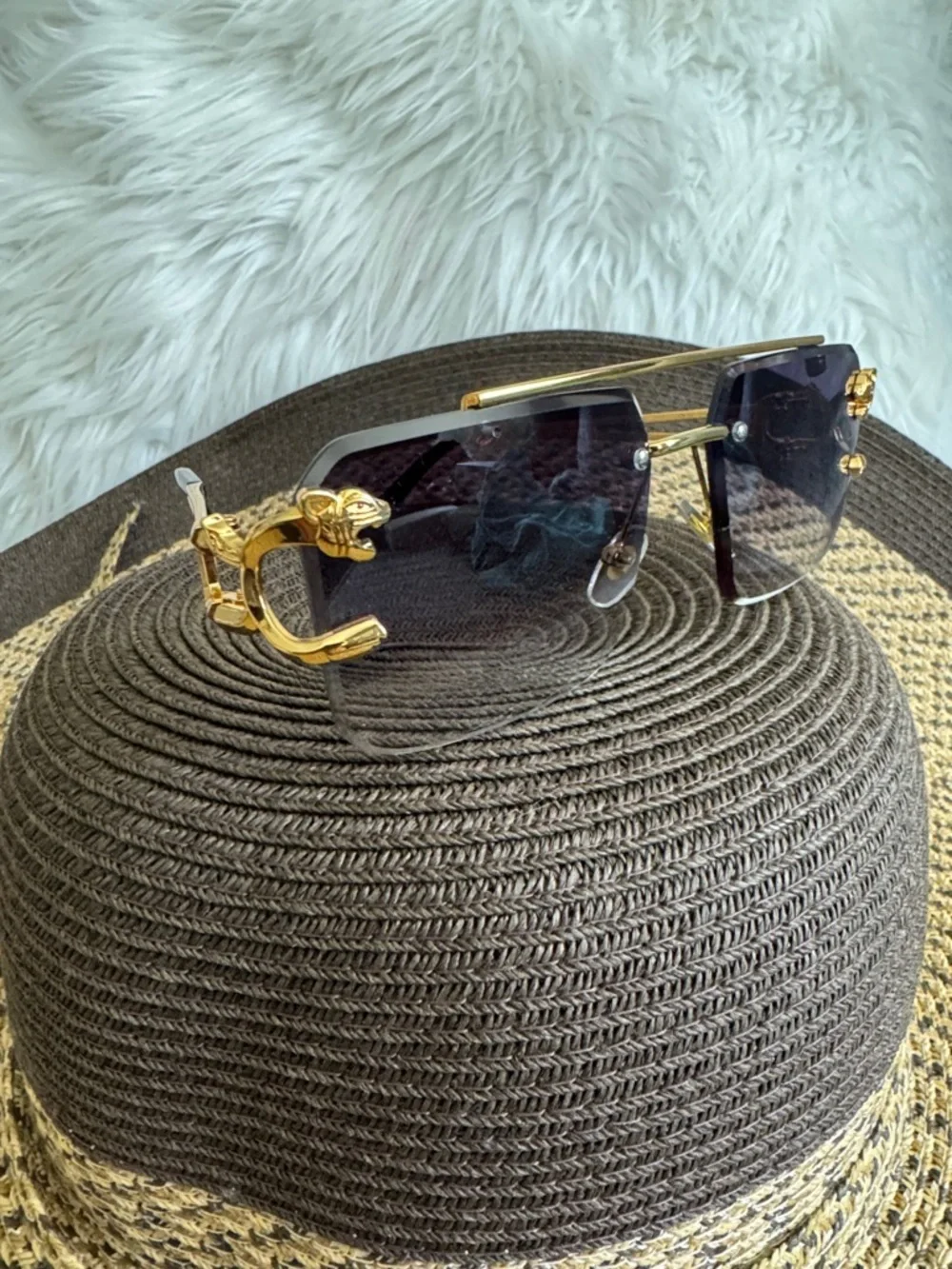 Men's Rimless Sunglasses in Dark Brown with Gold Trim